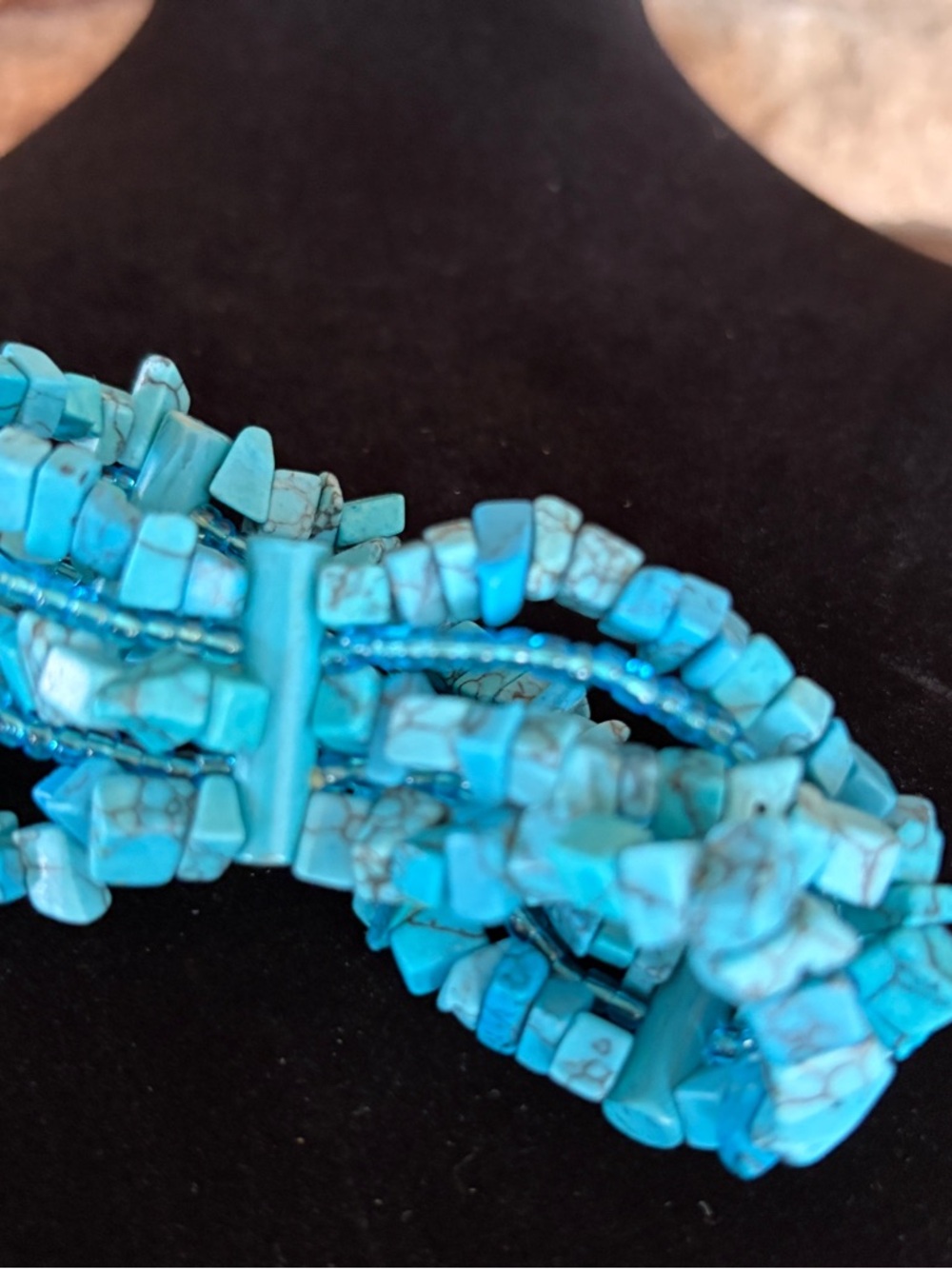 Turquoise Chip Stone Multi-Strand Stretch Bracelet - Blue 7 inch - Picture 5 of 6